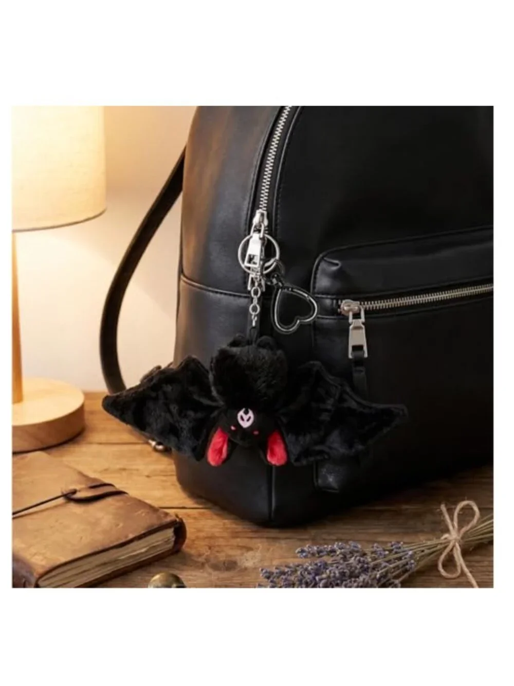 Gothic Bat Plush Keychain, Bag Charm with Heart Clip, Dark Aesthetic Accessory
